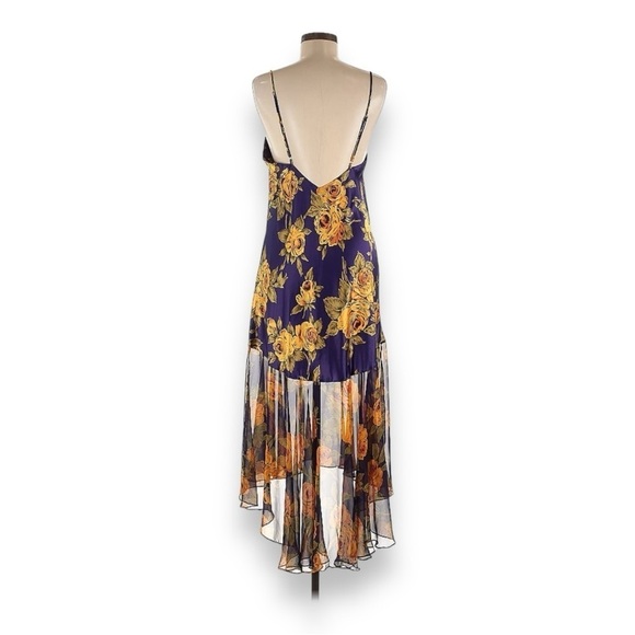 Vintage 90’s Y2K Purple Yellow Floral Satin Slip Dress w/ Chiffon Flutter Hem - Picture 4 of 7